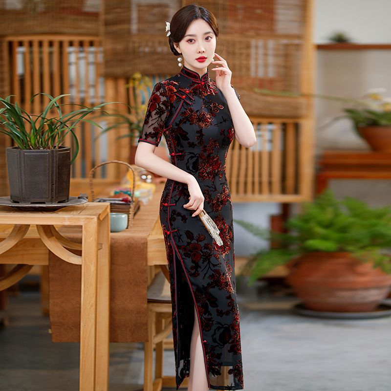 チャイナドレスロングレディースデイリースリムフィットレトロオールド上海チャイナドレス骨喰い春夏