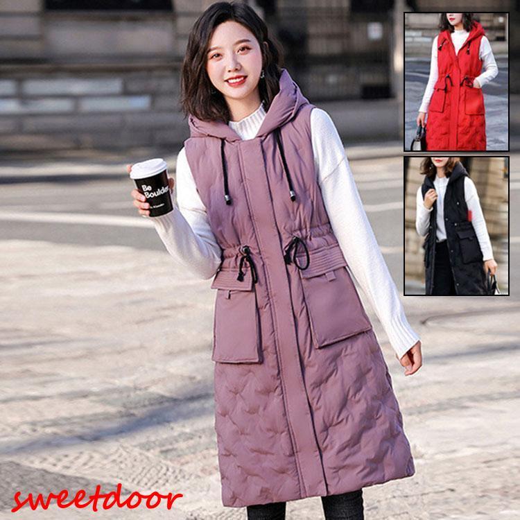 レディースベスト 秋冬　ダウンベスト レディース　中綿ベスト ロング丈 フード付き ポケット付き ダウン アウター トップス 暖かい 防風防寒