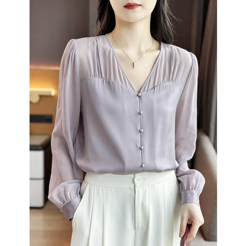 シャツ トップス レディース ファッション ブラウス おしゃれ セクシー フェミニン Vネック ダブル 喬 長袖 スリム 紫 桑 9,180円