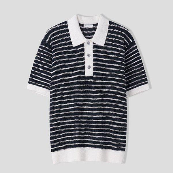 メンズ ストライプ ブークレ カラーネック 半袖 ニットTシャツ AS-KNH-Q001-ネイビー