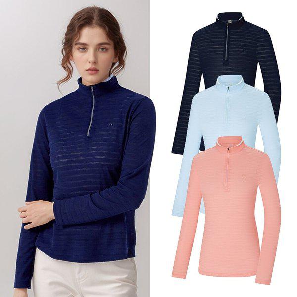 女性ストライプ軽量登山長袖ハーフジップTシャツKSC048VT2W