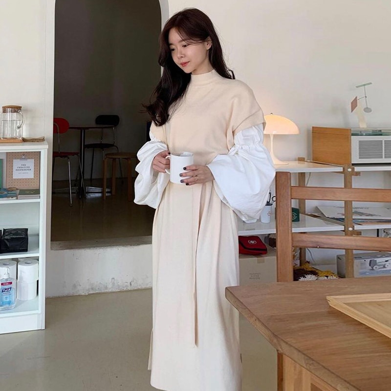 ワンピース ミモレ ミモレ丈 ロング ロング丈 袖あり 長袖 ボリューム袖 ハイネック ワイド ウエストマーク 切り替えデザイン ドッキング 大人 上品 おしゃれ お洒落 かっこいい 大人女子