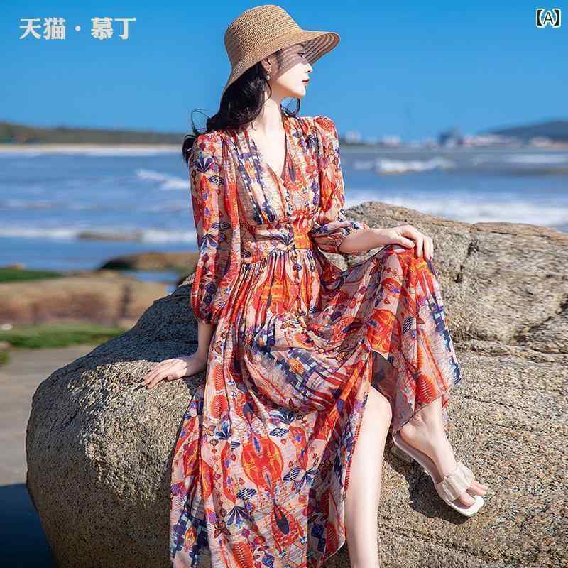 ワンピース ドレス レディース 2025 ボヘミアン ドレス 夏の 海辺の 休日の ビーチ ドレス 春秋 ドレス レトロ シフォン ロング スカート
