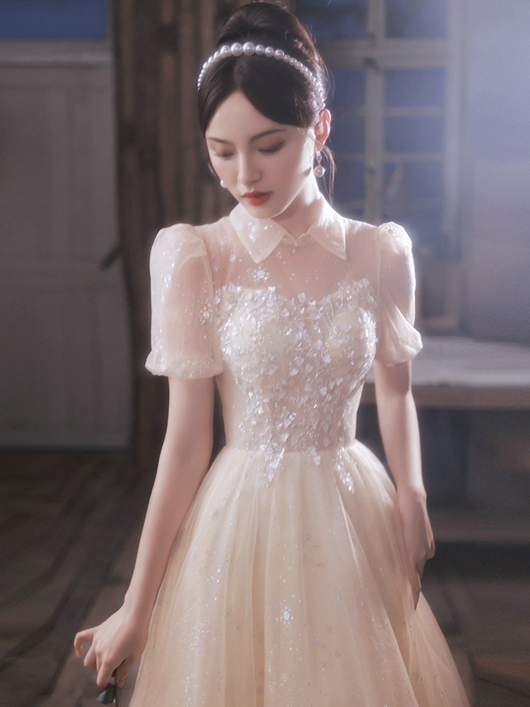 シャンパンイブニングドレス女性結婚式乾杯ドレスニッチライトバンケット気質誕生日アートテストプチプリンセスドレス秋