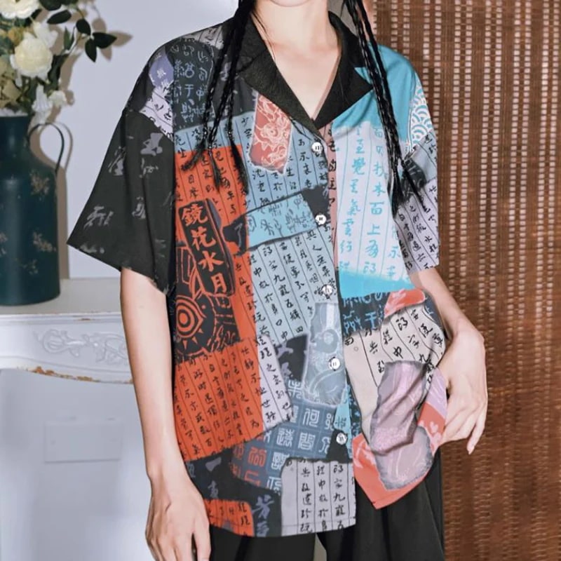 【快速出荷】チャイナ風シャツ ブラウス 半袖 トップス 夏 レディース 切り替え 漢字プリント