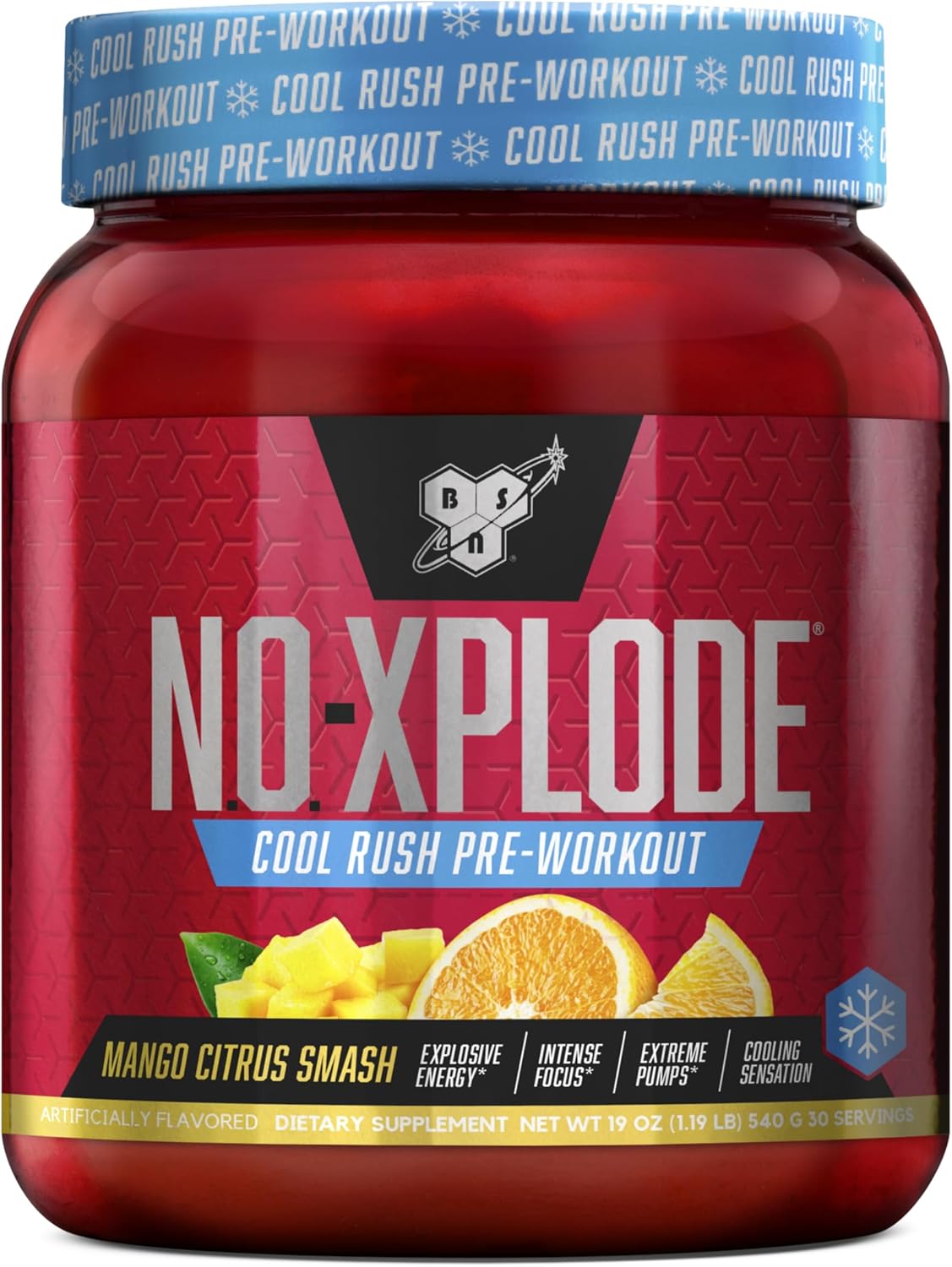 BSN N.O.-XPLODE Cool Rush Pre Workout Powder, Creatine and Beta-Alanine, Mango Citrus, 30 Serving