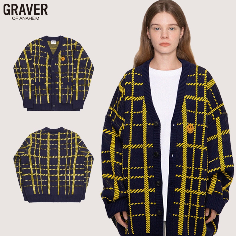 [UNISEX]ドットスマイル刺繍タータンチェックニットカーディガン_navy