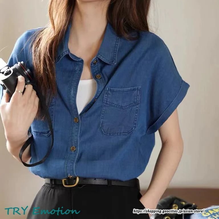 フロントポケット 前後差 前開き デニムブラウスシャツ デニムシャツ ワイド ボタン 夏服 半袖 デニム ドルマンシャツ 可愛い無地大人 レディーストップス