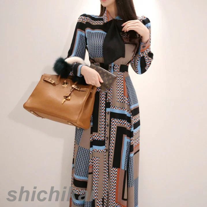 ワンピース レディースファッション THOM プリントワンピース エレガント OLワンピース お出かけワンピース Aラインワンピース ロング丈 オフィスカジュアルワンピース 新品 長袖ワンピース WI 5,546円