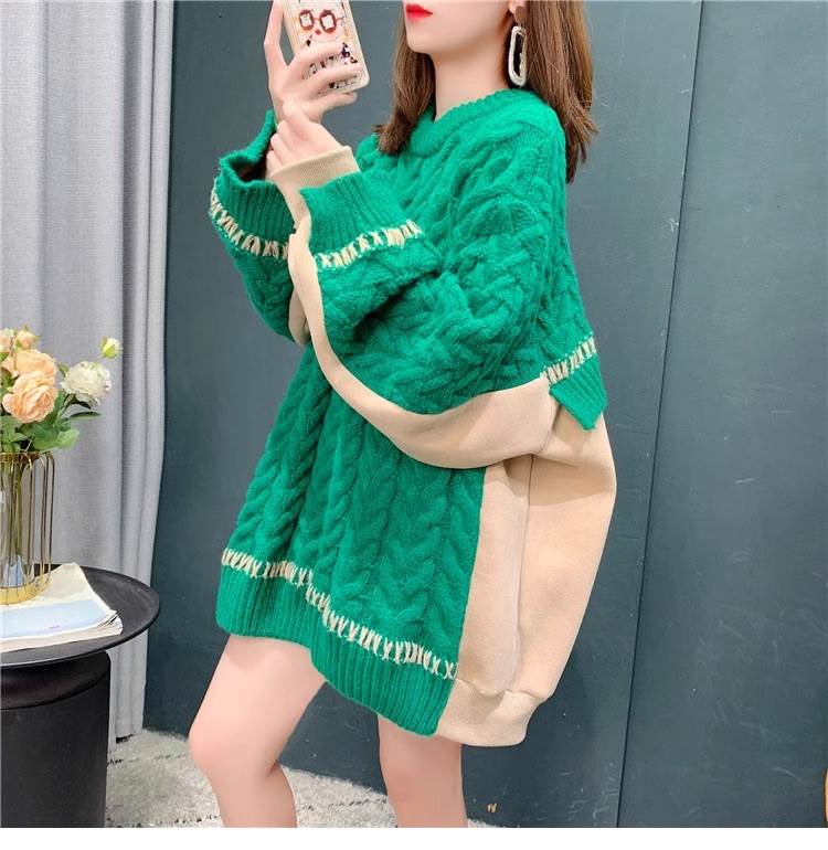 トップス ニット セーター プルオーバー レディース ロング 長袖 Uネック ラウンドネック ストリート 編み込み 切り替えデザイン バイカラー ドッキング オーバーサイズ ニット ケーブルニット カ