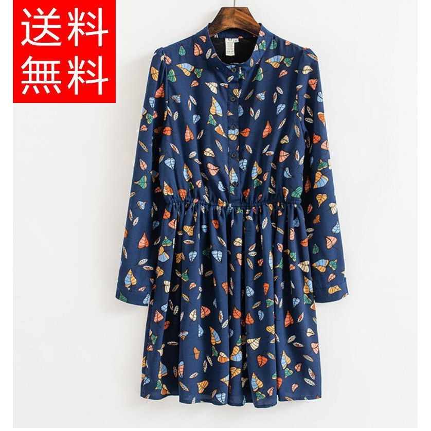 レディース 総柄 シフォン ワンピース 木の葉 タッキー スタイル