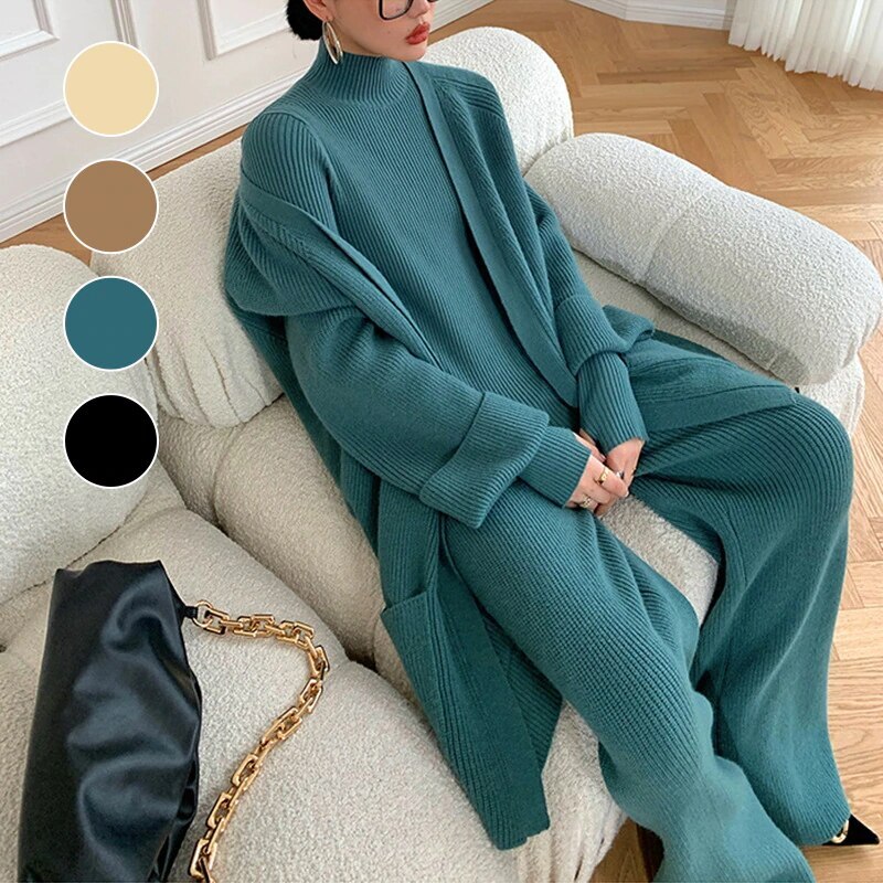 セットアップファッション ラウンドネックニット タートルネック三点セット タートルネックニットカシミヤタッチ ベーシックニット パーカー 冬でもブラウス ニット キルティングアウターニットパンツ