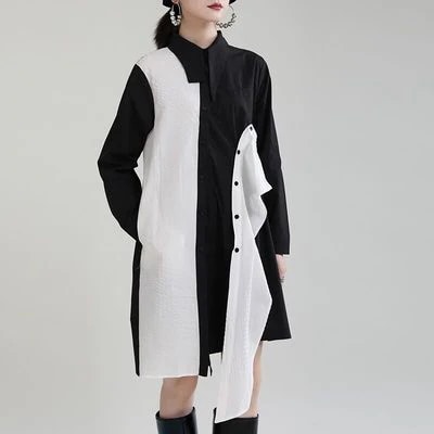 ブラック ホワイト ワンピース ゆったり ミドル丈 長袖 スカート 愛されドッキングワンピース30%までに制限