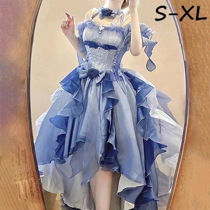 ワンピース ロリータ Lolita ブルー ハロウィン フィッシュテール S-XL おしゃれ コスプレ パーティー プレゼント レディース コスチューム ロリータ ドレス パフスリーブ トレーン プリ