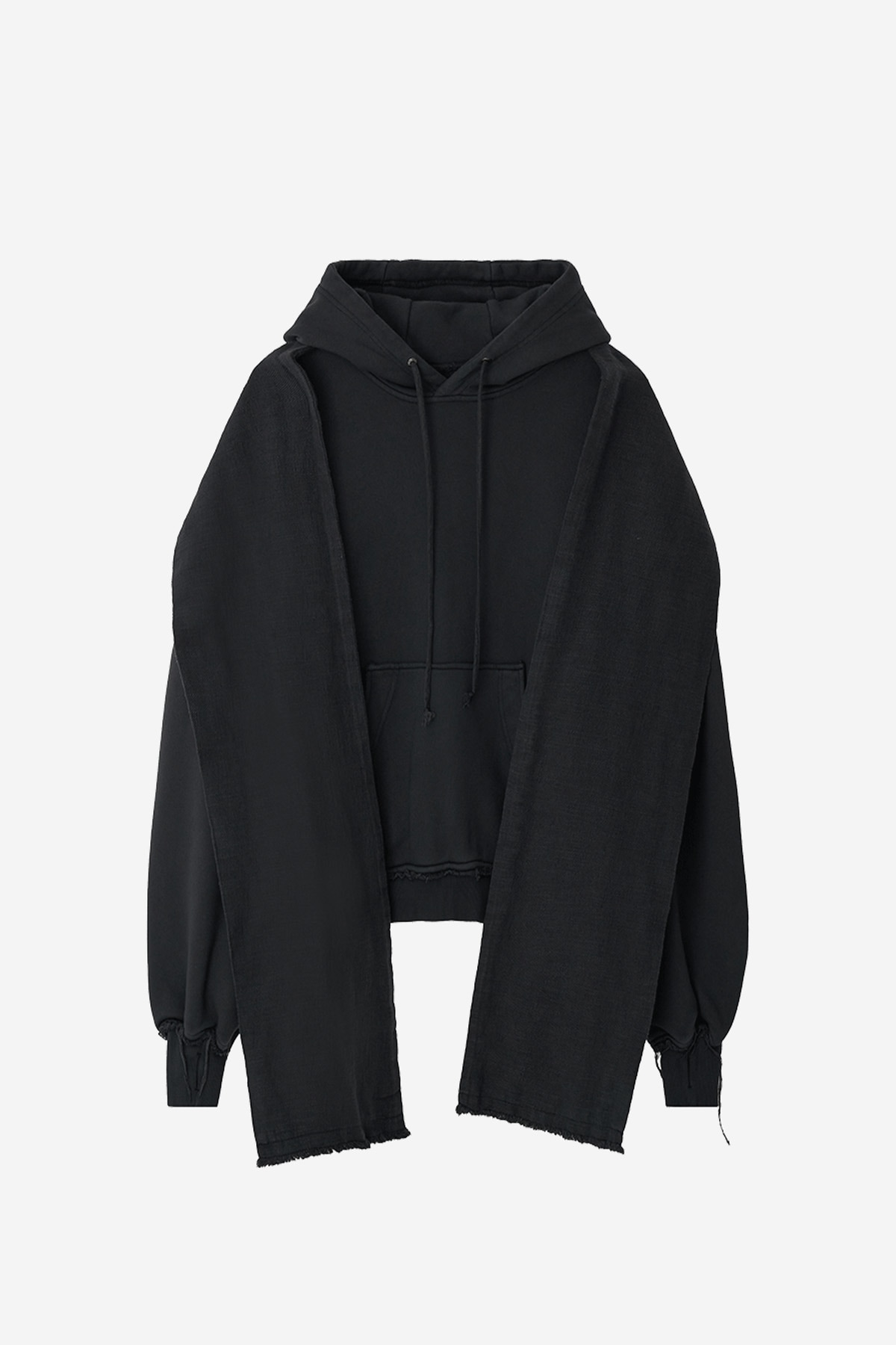 【BLR】DYED RAW-EDGED HOODIE WITH LINEN MUFFLER : BLACK