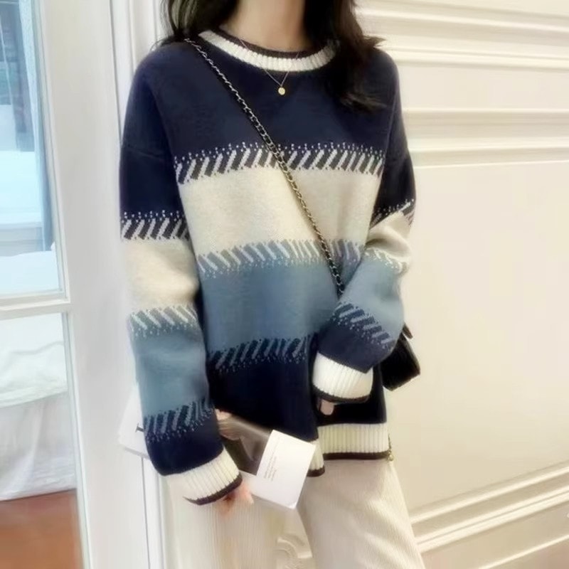 スタイリッシュなプルオーバーニットセーターシックな秋冬スタイル2025年の人気商品厚手のラウンドネックセーターレディース用ゆったりトップス