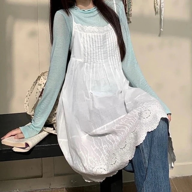 キャミワンピース 膝丈 ジャンパースカート ジャンスカ ノースリーブ キャミソール Aライン レース 透かし彫り 白 ホワイト 春 韓国ファッション レディース おしゃれ かわいい ガーリ ワンピース