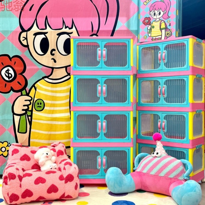 新しいピンクとブルーのコントラストカラー両開き収納キャビネット家庭用折りたたみ式収納キャビネットおもちゃや衣類の収納透明