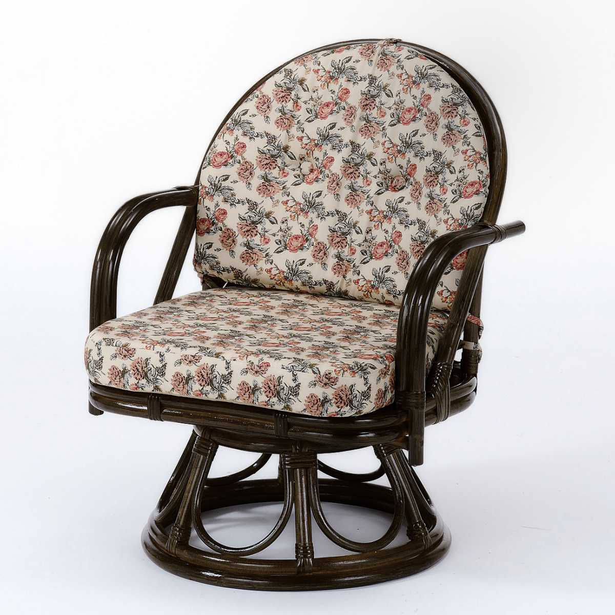 籐 回転座椅子 ラタンチェア ミドルハイタイプ 座面高35cm 回転式 背もたれ付き 肘付き 肘掛 イス チェア 座いす アジアン 籐家具 花柄 和モダン ラタン リラックスチェア パーソナルチェア