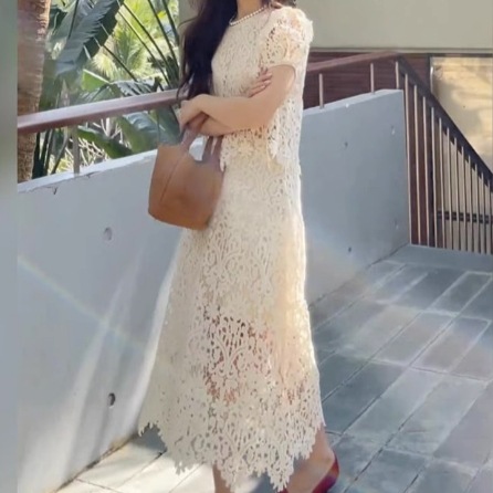 セットアップ カットソー ロングスカート ミモレ丈 袖あり 半袖 パフスリーブ ラウンドネック 襟なし Iライン レース 透け感 ポリエステル 上下セット 2点セット 大人可愛い きれいめ 大人 上品