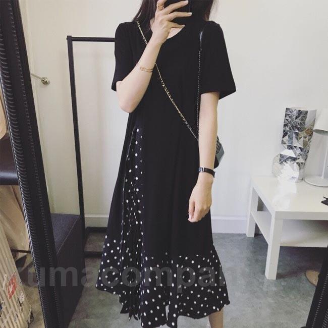 半袖ワンピース レディース ロングワンピ 水玉柄 プリーツワンピース 夏 ワンピース ロング丈 偽二枚 フェイクレイヤード サマーワンピース