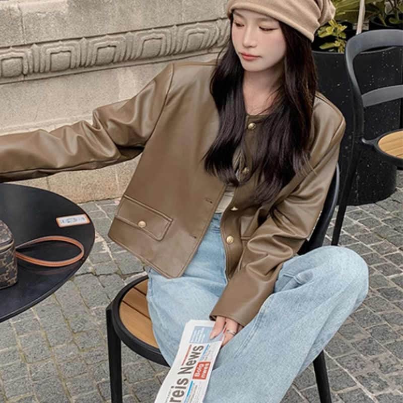 レディース ジャケット 襟なし　フェイクレザー ノーカラーブルゾン　ライダースジャケット レザー コート アウター ショート丈 PUレザー　ブラウン　コーヒー色 S M L XL 4,903円