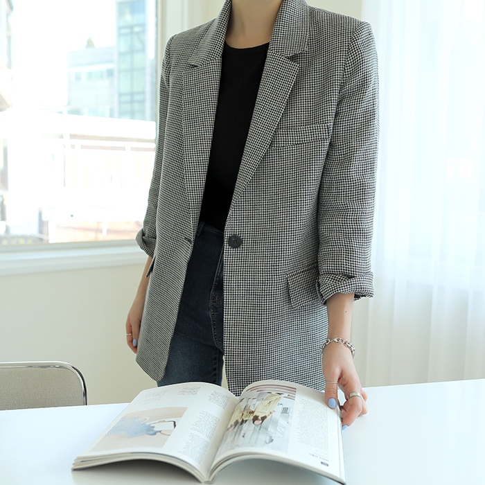 [韓国ファッション] チェック柄 テーラードカラー リネンジャケット
