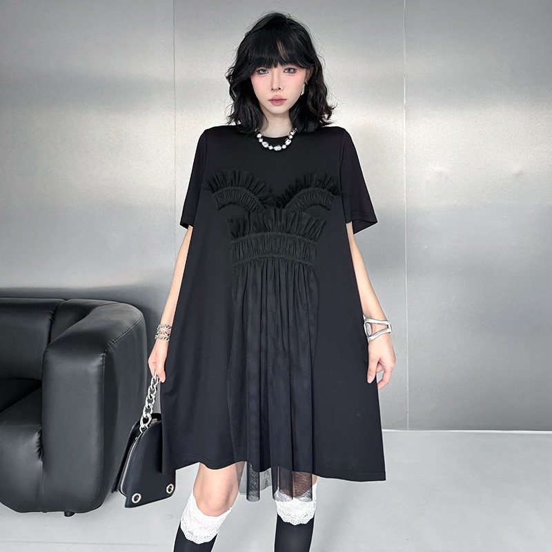 【Noir Mode】メッシュ スプライシング ワンピース 夏 新作 ゆったり 薄手 Tシャツワンピース 半袖ワンピース 5,031円