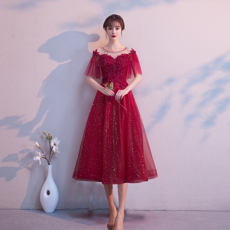 ワインレッドの敬酒服2025優雅なミディアム花嫁の結婚イブニングドレス修身気質リターンドレス