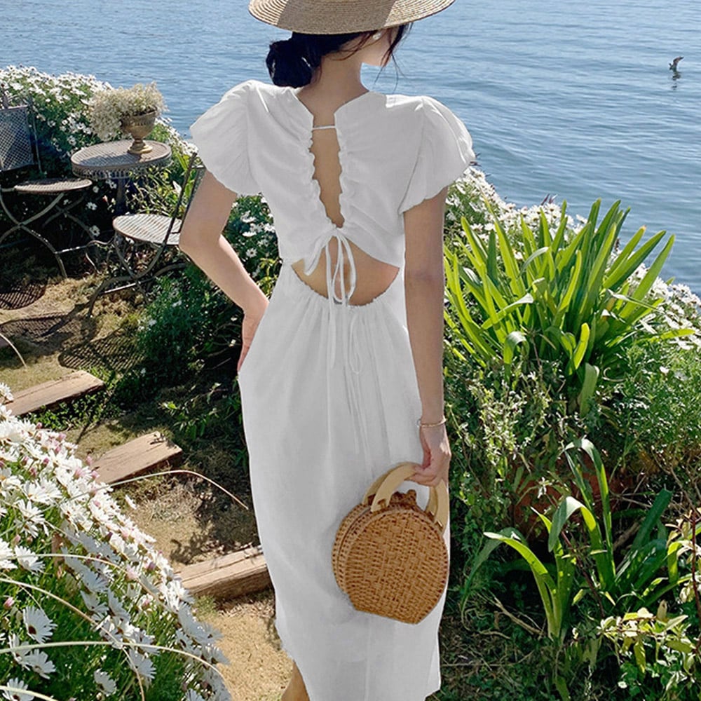 背中開き リネン混 ロングワンピース レディース白 上品 夏ワンピース バックオープン サマーワンピース 半袖 エレガント リゾートワンピース 沖縄 パフスリーブ 着やせ 韓国 セクシーワンピース 背