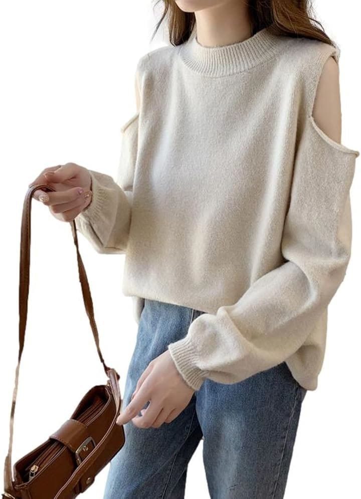 肩出しセーター ショルダーカット 長袖 ラウンドネック ニット ゆるシルエット パフスリーブ ヘルシーコーデ 大人リラクシー レディース(ベージュ, L)