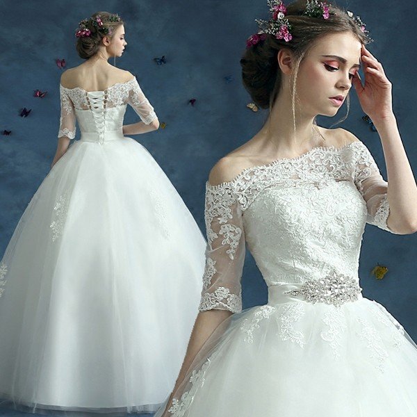 ウエディングドレス エンパイア 二次会 ウェディングドレス 袖あり 安い プリンセス 花嫁 ドレス 結婚式 白 披露宴 ロングドレス ブライダル サッシュベルト