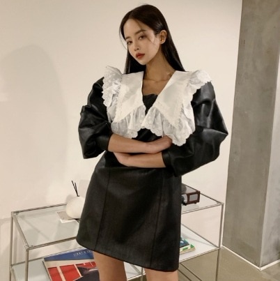 ワンピース 膝丈 袖あり 五分袖 ボリュームスリーブ 襟付き ビッグカラー ドッキング デザイン 美ライン ニュアンス レース 刺繍 レイヤード レザー PU 起毛 かわいい 大人可愛い きれいめ