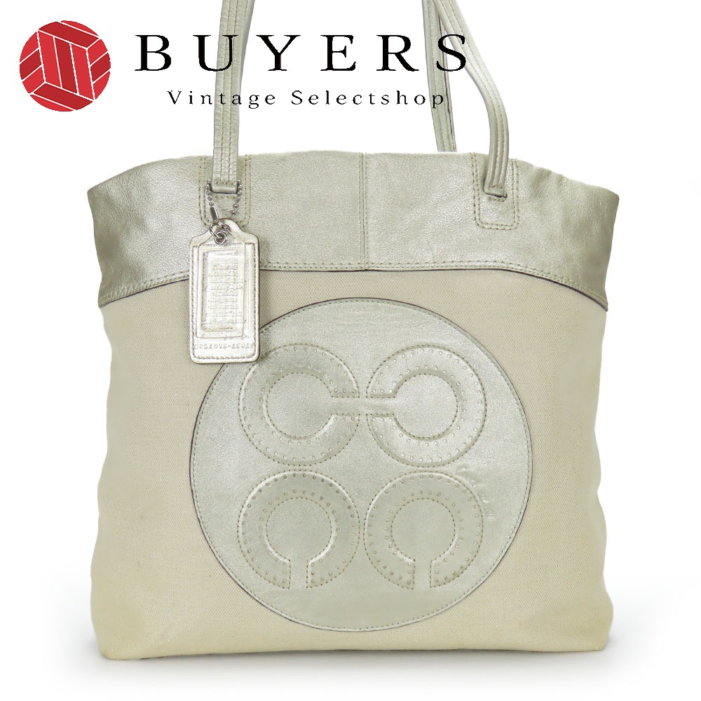 中古 トートバッグ 15014 オプアート キャンバス レザー アイボリー シルバー 肩掛け カジュアル レディース 女性