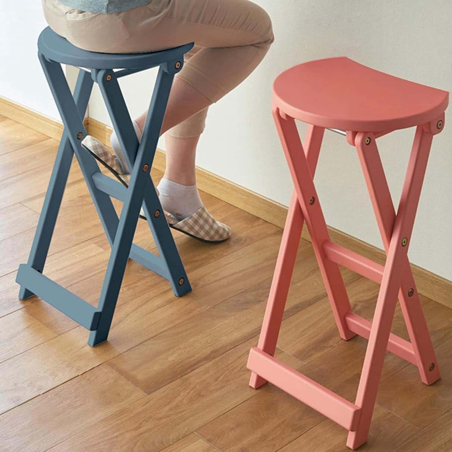 折りたたみハイスツール ダイニングカウンターチェア 座高62/43cm 木製 丸椅子 リビング バー 喫茶店 居酒屋 省スペース 組立不要 室内用