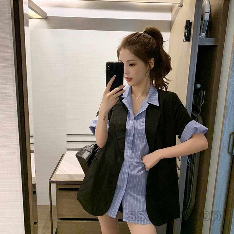 2点セット セットアップ シャツ ジャケット レディース ストライプ柄 ポロネック 秋冬 半袖 ファッション 韓国風 定番の中古商品 お嬢様風 着痩せ カジュアル