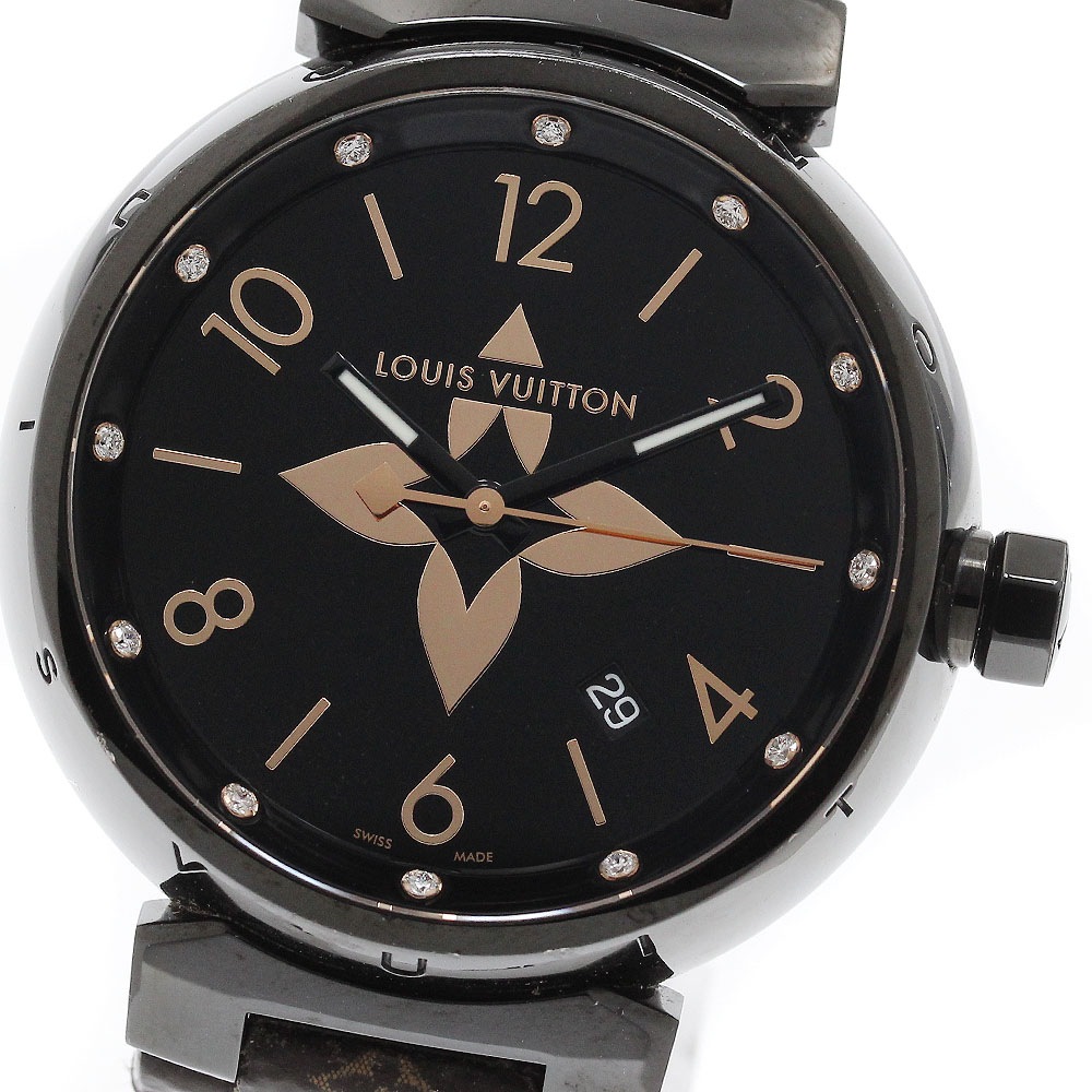 ルイ・ヴィトン LOUIS VUITTON QA049 タンブール オールブラック GM 12Pダイヤ デイト クォーツ メンズ _957017【中古】
