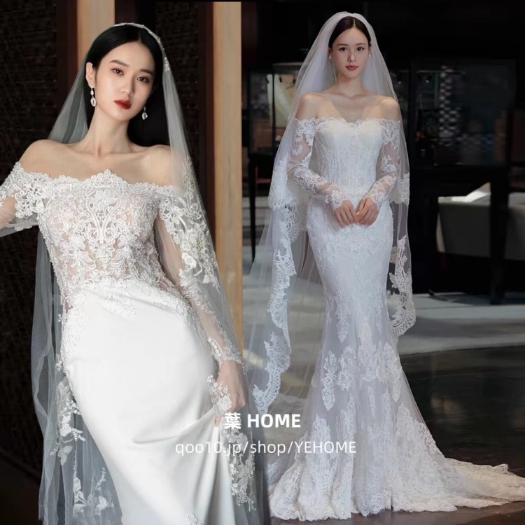 ウエディングドレス レースの長袖 パーティードレス 白 結婚式 ドレス 二次会 花嫁 フォトウエディング ビーチフォト 前撮り 後撮り 披露宴 トレーンドレス Aライン 演奏会 発表会