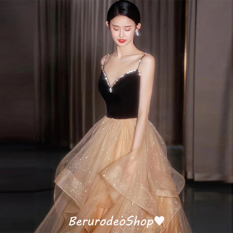 イブニングドレス 黒 キャミドレス スパンコール キラキラ ラインストーン 素敵 キレイめ ロングドレス 発表会ドレス Vネック セクシー パーティードレス ベロア ベルベット チュール 紗 ドッキン