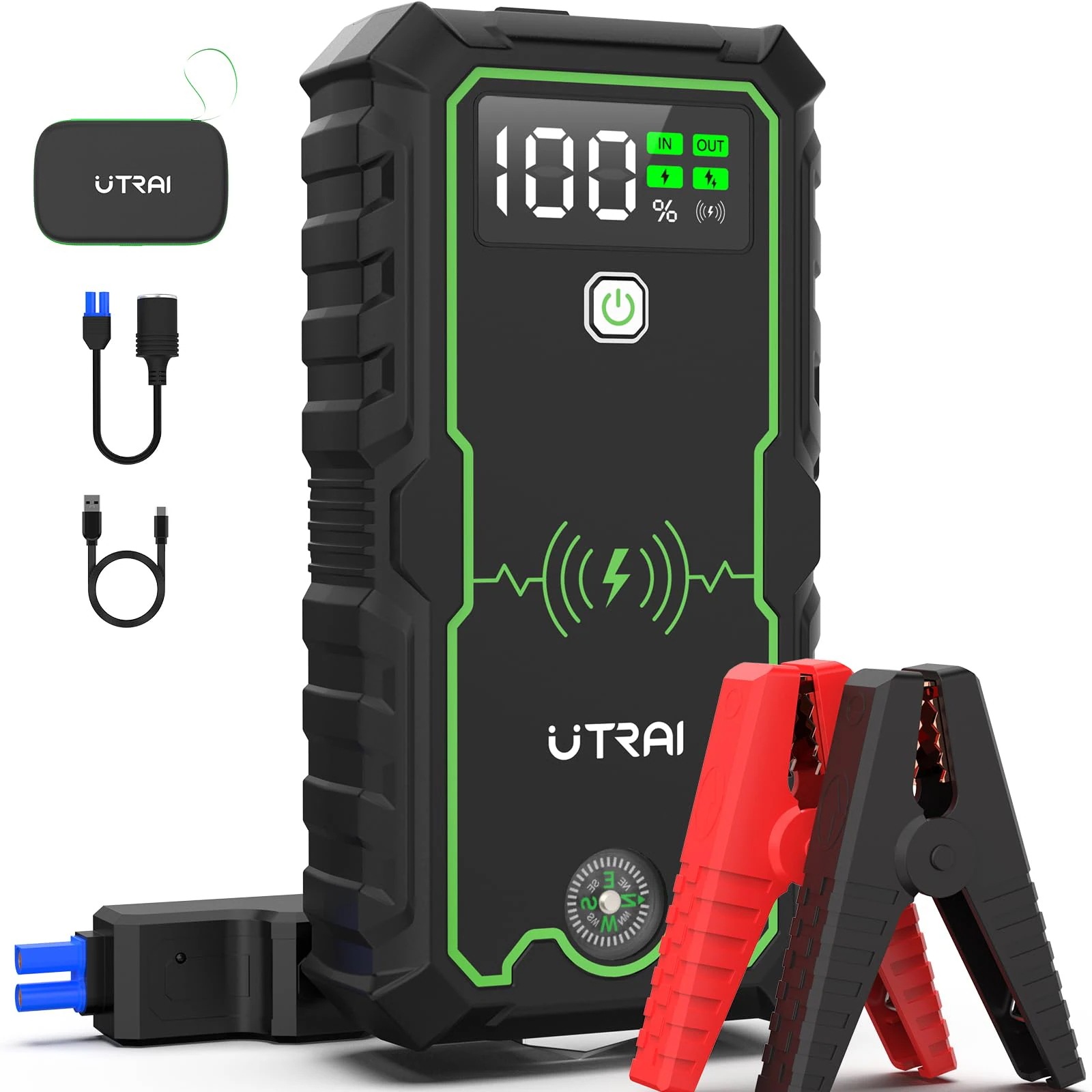 ジャンプスターター 12V車用 エンジンスターター 大容量27000mAh ピーク電流6000A ワイヤレス充電対応 車緊急脱出ハンマ機能付き QC3.0充電 すべてのガソリン車/8.5Lまでのディー