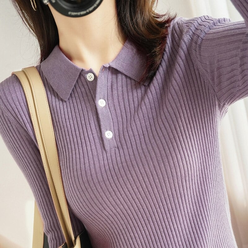 ニットソー プルオーバー レディース 長袖 襟付き リブ ニット シンプル カジュアル かわいい 無地 春 秋 お出かけ 普段使い タイト ラベンダー ベージュ ブルー イエロー レッド ブラック