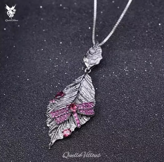 Quellavillous イタリアンリーフローズガーネットペンダント 925 シルバー 18K ゴールドメッキネックレスヴィンテージオリジナル