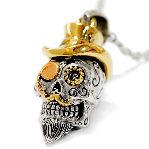 スカル 男爵 ハット 眼鏡 髭 ゴールド シルバー925 メンズ ペンダント ネックレス