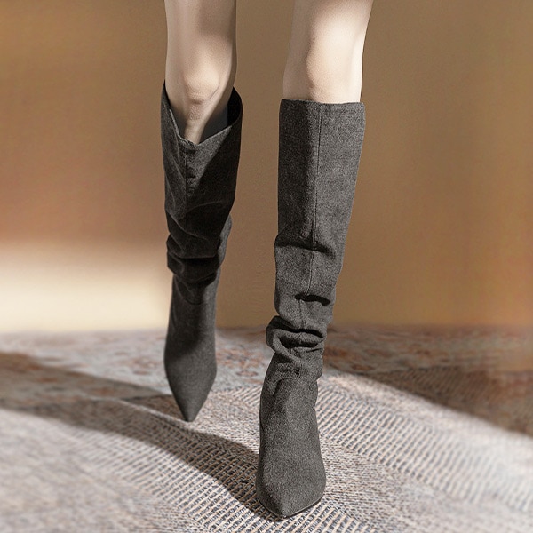 ロングブーツ スラウチブーツ ルーズ感 廃土風 秋 冬 カウボーイ 細いヒール 美脚フェミニン ガーリー きれいめ 通勤 バギーブーツ ルーズシルエットブーツ