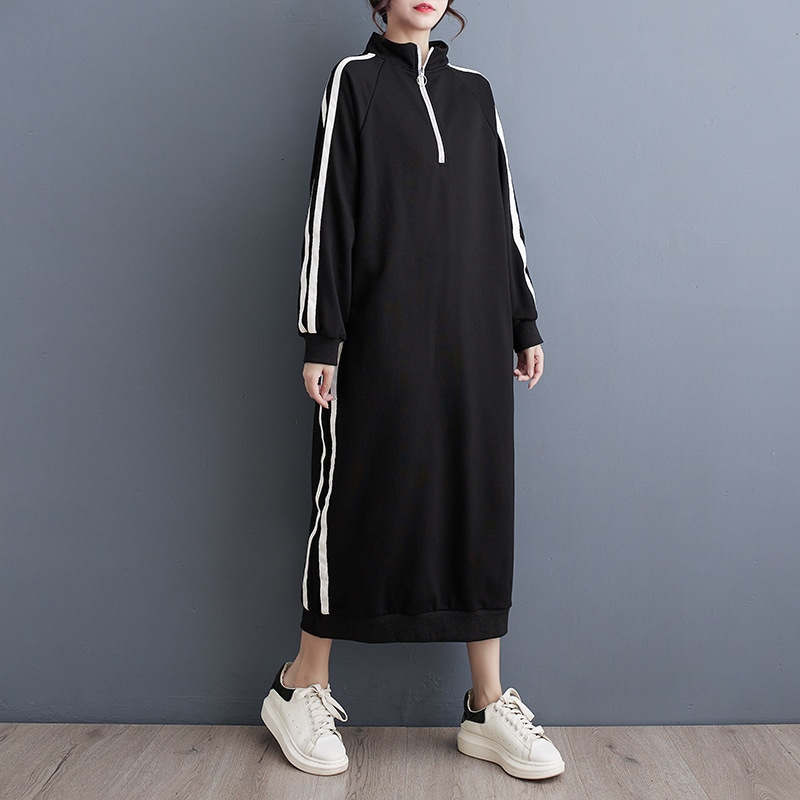 スタンドカラー スポーティーロングワンピース ハーフジップ レディース 長袖 ストレート シンプル カジュアル おしゃれ こなれ感 ストライプ 春 秋 お出かけ 公園 休日 普段使い フリーサイズ