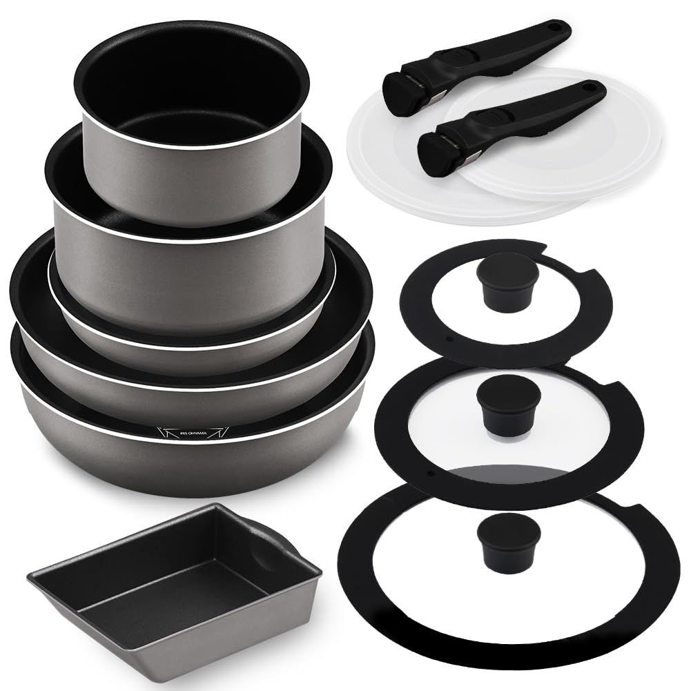 アイリスオーヤマ フライパン 鍋 セット IH&ガス火対応 13点セット ダイヤモンドコートパン 取っ手の取れるフライパン お手入れ簡単 グレイッシュシルバー PDCI-T13S