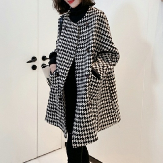 【一枚で視線を奪う】 ファッション ダブルブレスト チェック柄 ラウンドネック コート
