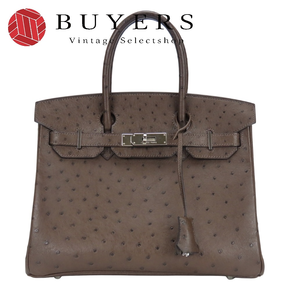 中古 ハンドバッグ バーキン30 オーストリッチ ダークブラウン シルバー金具 レインカバーNo3 レディース 女性