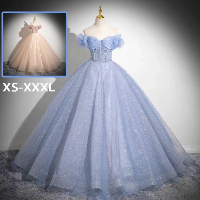 イブイングドレス ドレス ウエディングドレス パーティードレス カラードレス 発表会 高校生 青 前撮り Long dress オフショルダー 結婚式 演奏会 ロングドレス ブルー 大きいサイズ おし