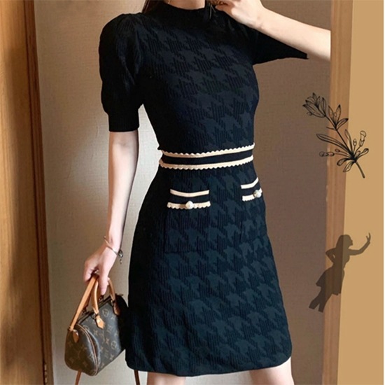 【取寄：納期2週間】ミニワンピース 半袖 ミニ丈 千鳥格子 パフスリーブ レディース ワンピース クルーネック